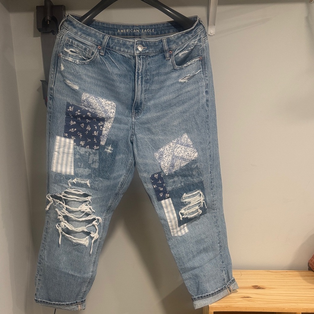 American Eagle Outfitters Blue Patchwork Straight Leg Jeans
